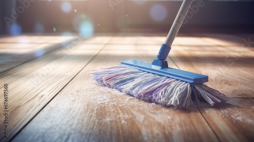 Mop the floor with a mop. Cleaning tools on parquet background