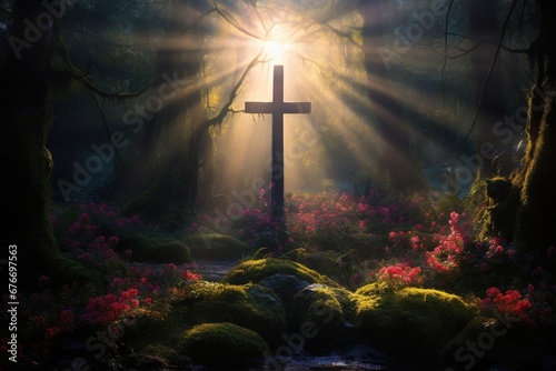 Wooden cross in the forest with sunlight in the morning