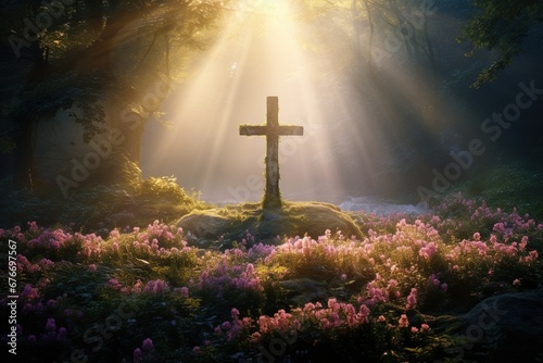 Wooden cross in the forest with sunlight in the morning