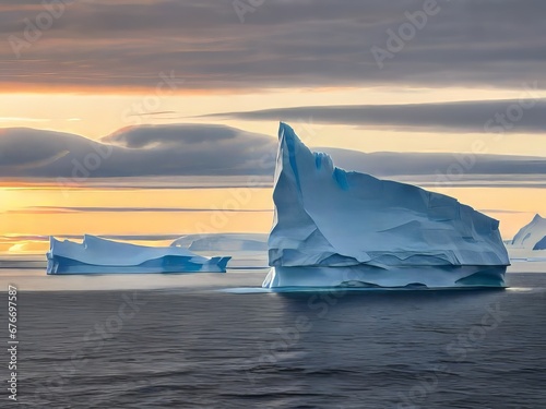 un iceberg solitario se cierne en la distancia, sus bordes irregulares y sus imponentes forman un testimonio de la dura belleza de la Antártida photo