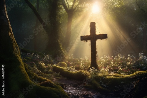Wooden cross in the forest with sunlight in the morning