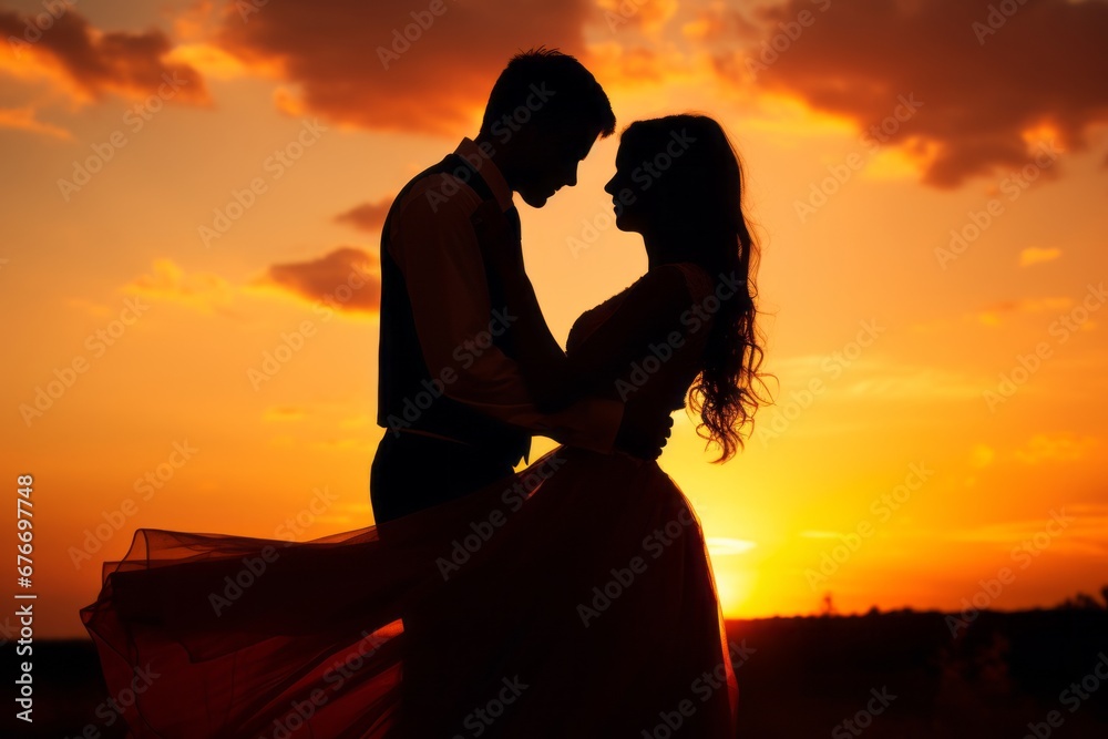 Romantic Silhouette of wedding couple in love.