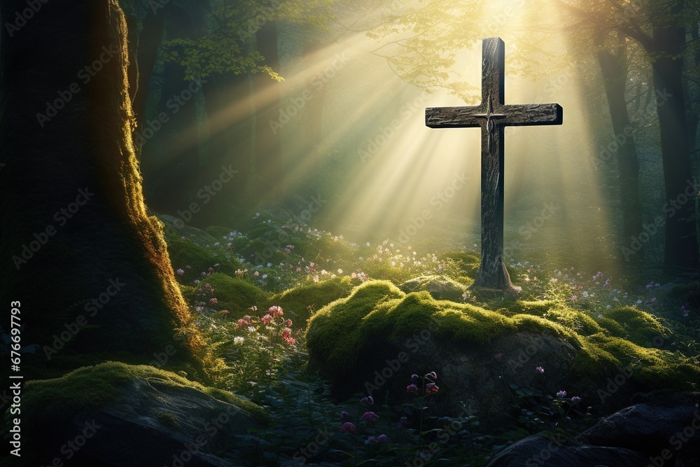 Wooden cross in the forest with sunlight in the morning