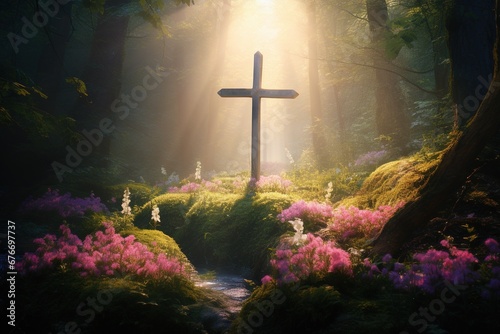 Wooden cross in the forest with sunlight in the morning
