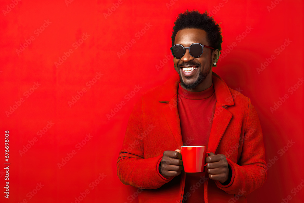 Happy African American man with cup of coffee on red background Happy African American man with cup of coffee on red background