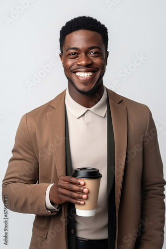 Happy African American man with cup of coffee on white background