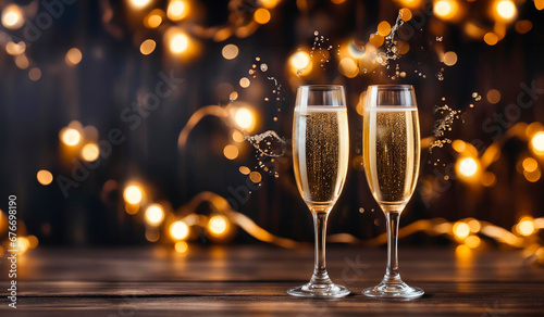 Two glasses of champagne over blur spots lights background. Celebration concept, New Year