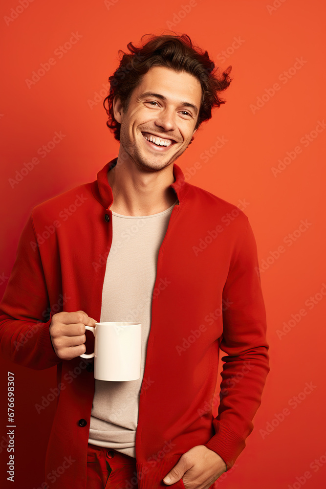 Happy man with cup of coffee on red background Happy man with cup of coffee on red background