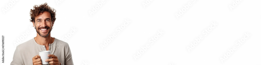 Happy man with cup of coffee on white background Happy man with cup of coffee on white background