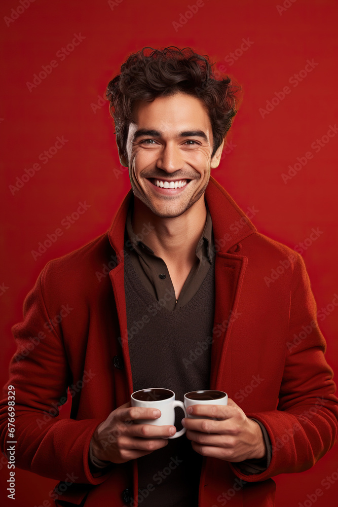 Happy man with cup of coffee on red background Happy man with cup of coffee on red background