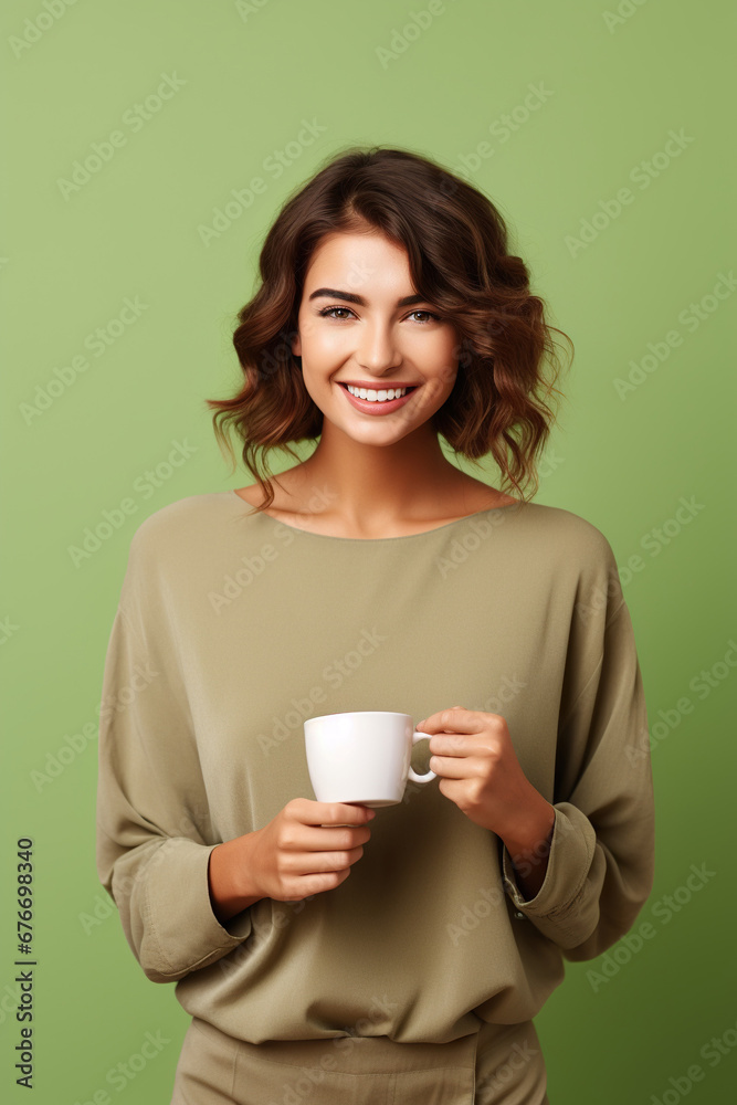 Happy woman with cup of coffee on green background Happy woman with cup of coffee on green background
