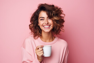 Happy woman with cup of coffee on pink background