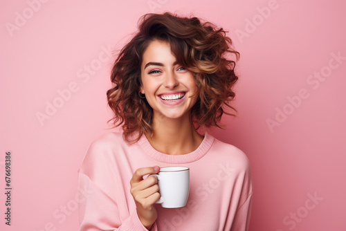 Happy woman with cup of coffee on pink background photo