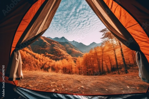 Scenic view of the forest inmountains in the autumn ,POV from tent. photo