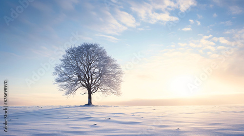 冬の背景、空と雪の積もる木、自然の風景 photo