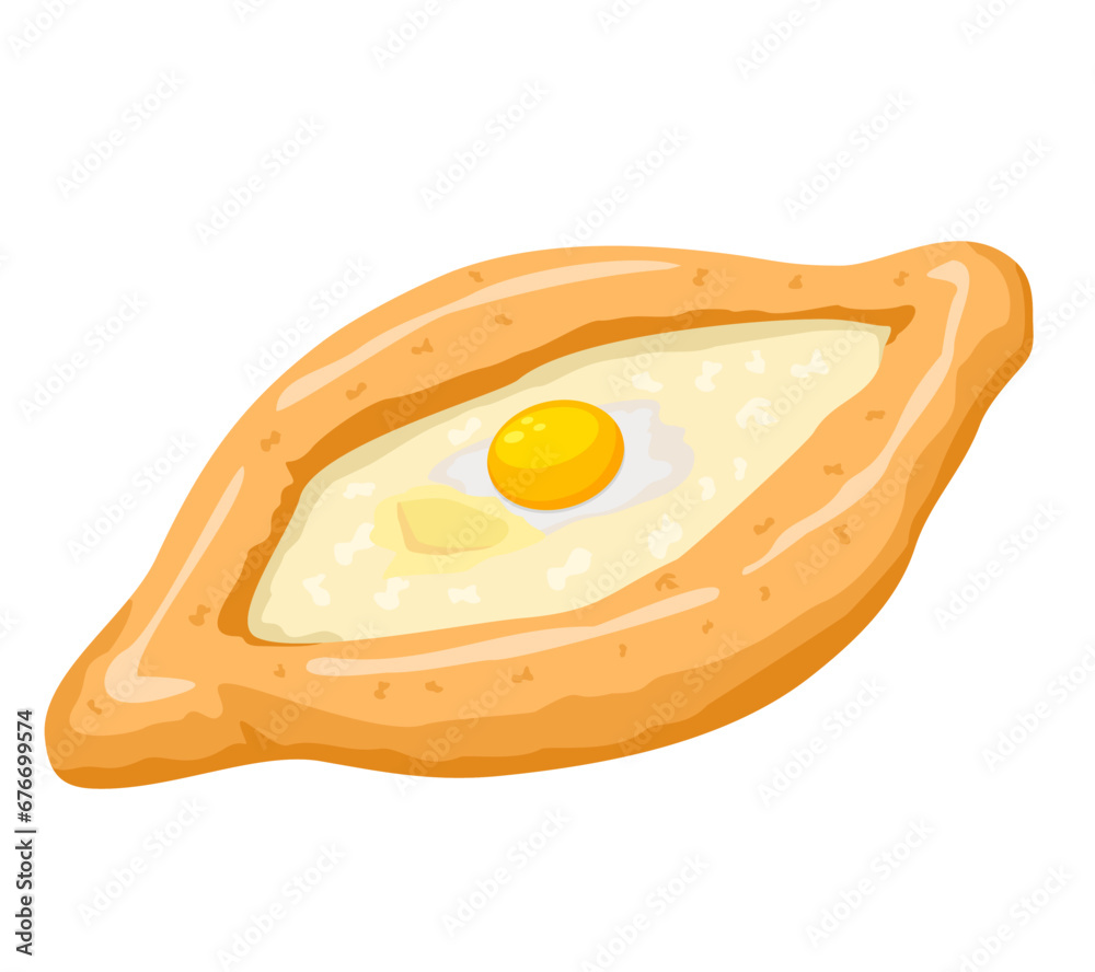 Khachapuri with egg, yolk and soft cheese. Traditional Adjarian and Georgian dish. Freshly baked flat bread with cheese and egg isolated on white background. Vector illustration Khachapuri with egg, yolk and soft cheese. Traditional Adjarian and Georgian dish. Freshly baked flat bread with cheese and egg isolated on white background. Vector illustration