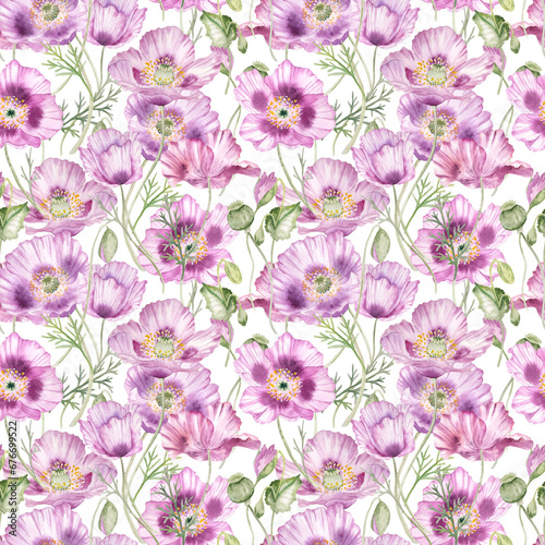 Watercolor pink poppies flowers seamless pattern.