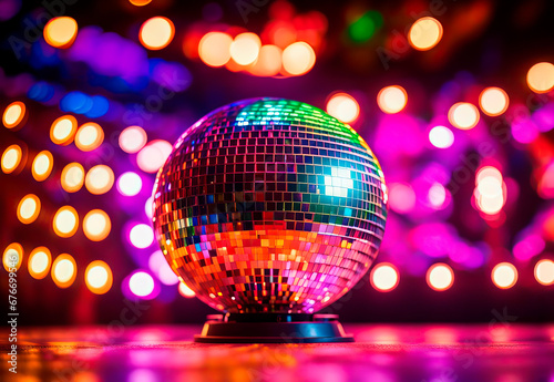 70s disco concept. Disco ball in neon lighting on podium or stage