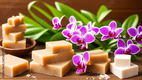 beautiful setup or orchid flowers and soap bars for cosmetics and face wash natural spa products commercial. AI Generated