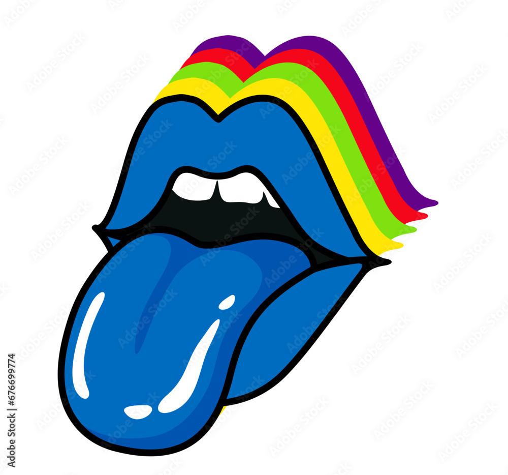 Rock-n-roll music icon. Half-open mouth of a sexy woman, licking, protruding tongue, talking. Sexy womans mouth or lips licking with tongue sticking out. Colors of rainbow. Vector illustration. Rock-n-roll music icon. Half-open mouth of a sexy woman, licking, protruding tongue, talking. Sexy womans mouth or lips licking with tongue sticking out. Colors of rainbow. Vector illustration.