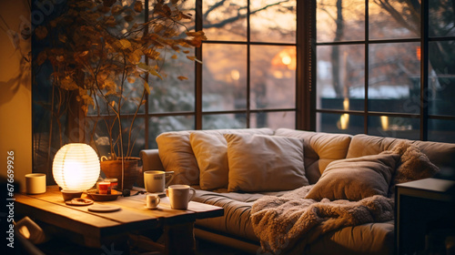 冬の室内、ソファーのあるリビング、暖かい部屋　