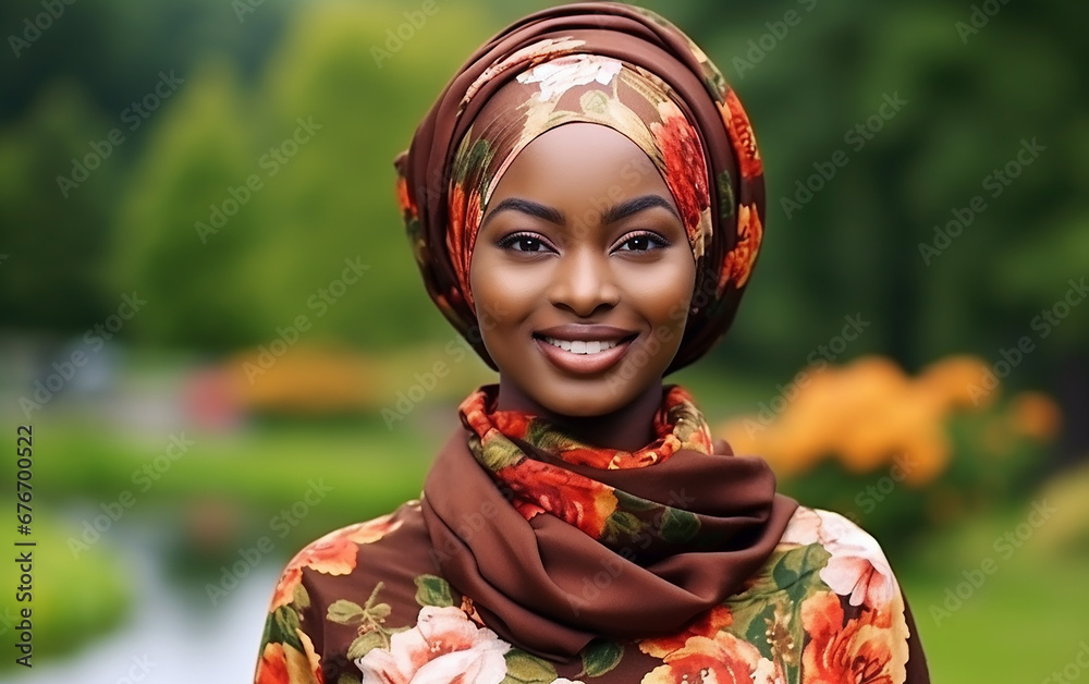 Fototapeta premium A dark-skinned girl in a colorful scarf in the park. Outdoor portrait of young beautiful fashionable lady. Model wearing stylish accessories & clothes. Female beauty & fashion.