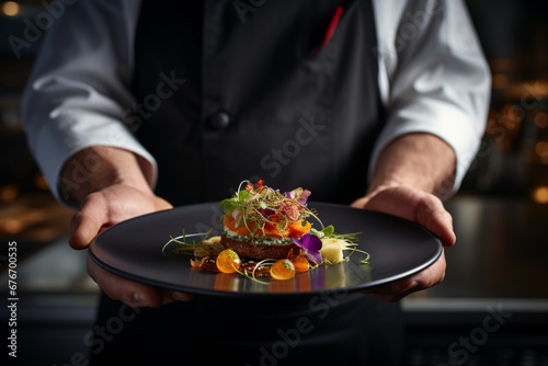 chef ready to present modern food style using culinary art and modern food concepts ready to be presented to customers wearing chef uniform doing his job professionally