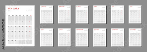 Set of 2024 Calendar Planner Template. Vector layout of a wall or desk simple calendar with week start Monday. Calendar grid in grey color for print. Pages size A4 - 21x29.7 cm