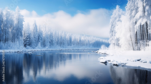 冬の風景、冷たい川・湖の雪景色