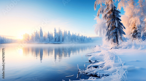 冬の風景、冷たい川・湖の雪景色