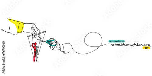 International day of abolition of slavery day observed on 2nd december. Continuous line art of slavery chains being cut . Freedom empowers.