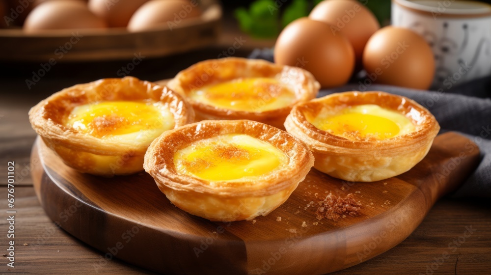 egg tarts served on a rustic wooden board egg tarts served on a rustic wooden board