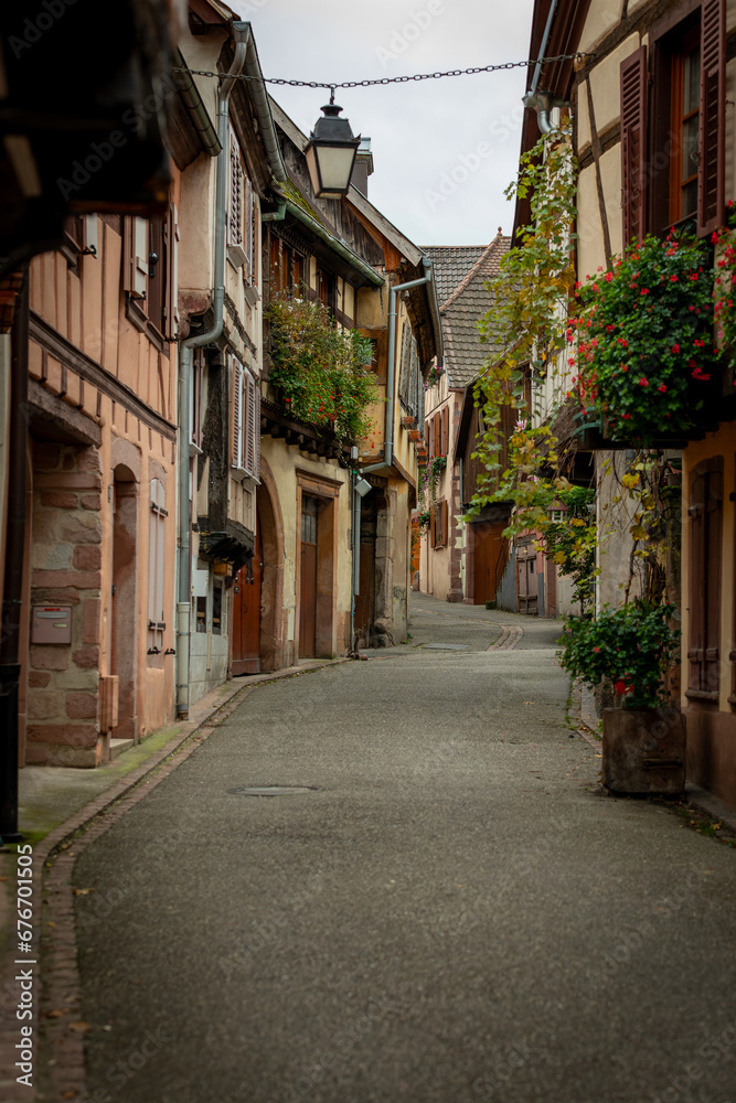 Famous and typical alsacian architecture in Alsace in Ribeauvillé in France on November 03th 2023