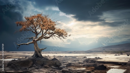Isolated dead tree in drought land, dry land desert area with cracked mud in arid landscape.