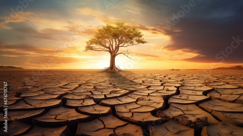Isolated dead tree in drought land, dry land desert area with cracked mud in arid landscape.