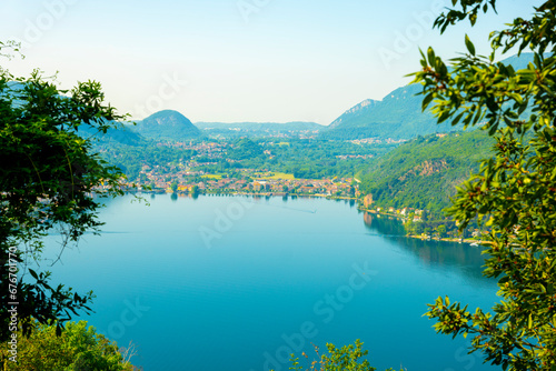 Mountain View From Switzerland to Italy City Porto Ceresio and Lake Lugano in Morcote, Ticino, Switzerland.