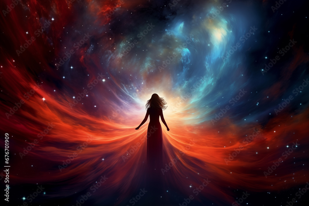 silhouette of a woman against the background of a nebula in space ...
