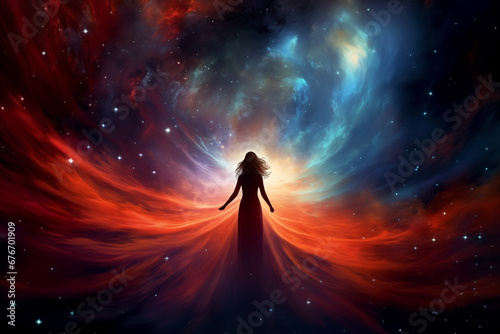 silhouette of a woman against the background of a nebula in space, standing with her back, light effects, nebula, stars and galaxy photo