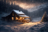 old wooden house decorated with lights and Christmas tree in winter forest, snow covered trees and mountains, cloudy sky at night, blizzard