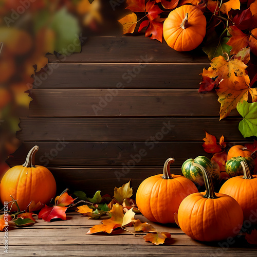 An organic background of orange, and green pumpkins, and fall leaves ai generated photo