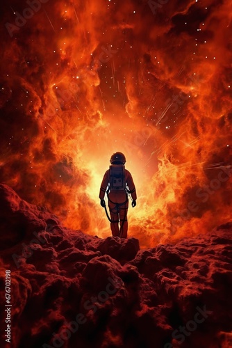 astronaut walking on a planet in outer space, light effects, stars and galaxy