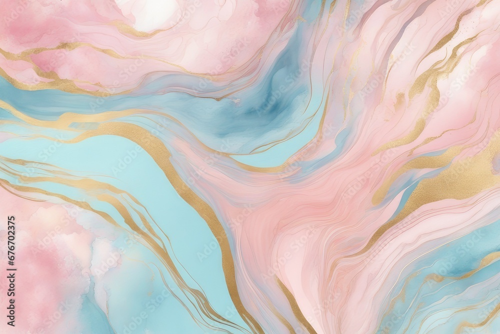 Abstract watercolor paint background illustration - Soft pastel pink blue color and golden lines, with liquid fluid marbled paper texture banner texture