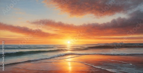 Dark orange sky  sunset  panorama. Storm clouds. Sunset on purple sea