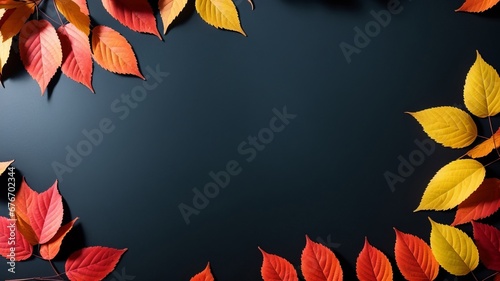 Autumn background with colored red leaves on blue slate background. Top view. AI Generated