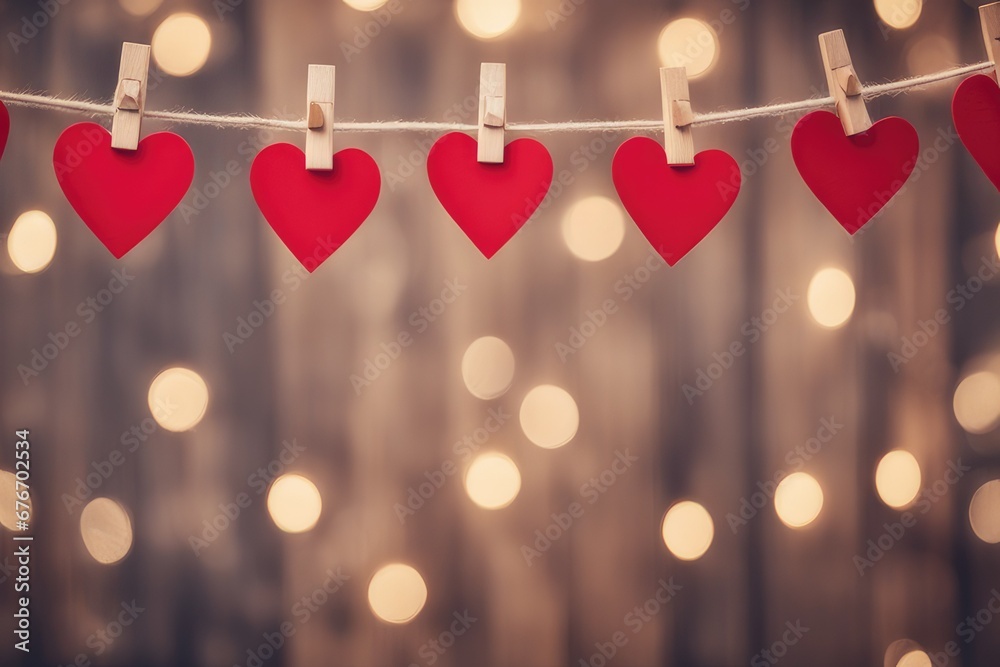 Happy Valentine's Day wedding birthday background banner panorama greeting - Red hearts hang on wooden clothes pegs on a string, with bokeh lights in the background - obrazy, fototapety, plakaty 