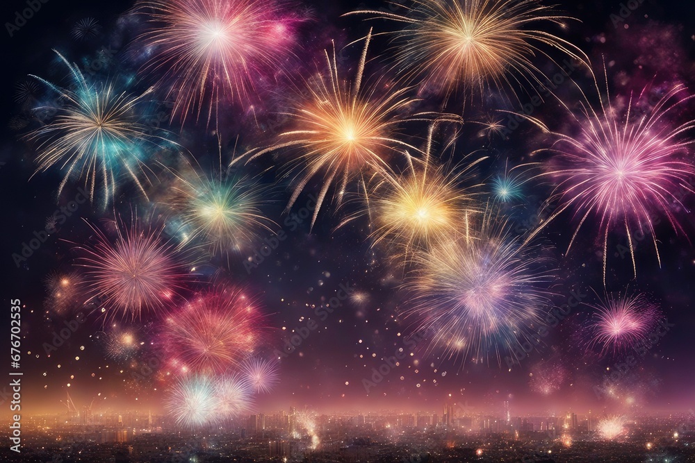 Fototapeta premium Silvester 2024, New Year's Eve, New Year, Festival Party celebration holiday background banner panorama - Colorful firework fireworks texture on dark night sky.