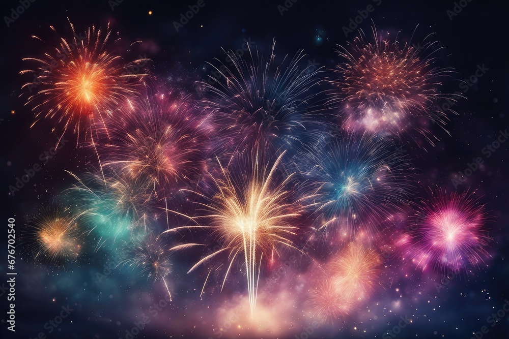 Silvester 2024, New Year's Eve, New Year, Festival Party celebration holiday background banner panorama - Colorful firework fireworks texture on dark night sky.
