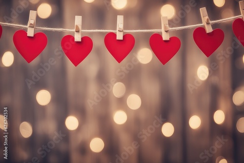 Happy Valentine's Day wedding birthday background banner panorama greeting - Red hearts hang on wooden clothes pegs on a string, with bokeh lights in the background photo