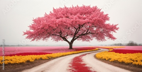 Beautiful Tabebuia rosea tree or pink poui, and rosy trumpet tree landscape with flowers photo