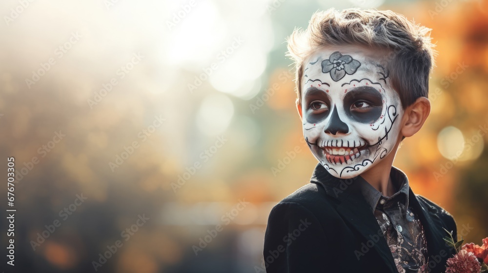 Happy child with skull face paint celebrating Day of the Dead Happy child with skull face paint celebrating Day of the Dead